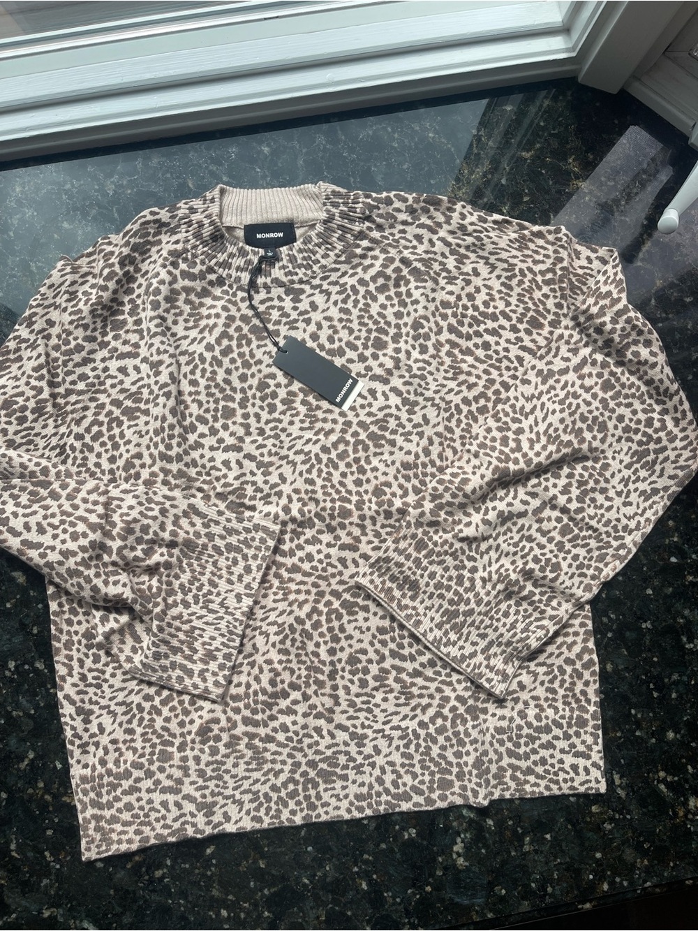 Monrow Taupe and Dark Brown Leopard Print Pullover Sweater